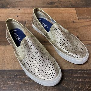 Sperry Seaside Perforated Slip On Shoes Platinum